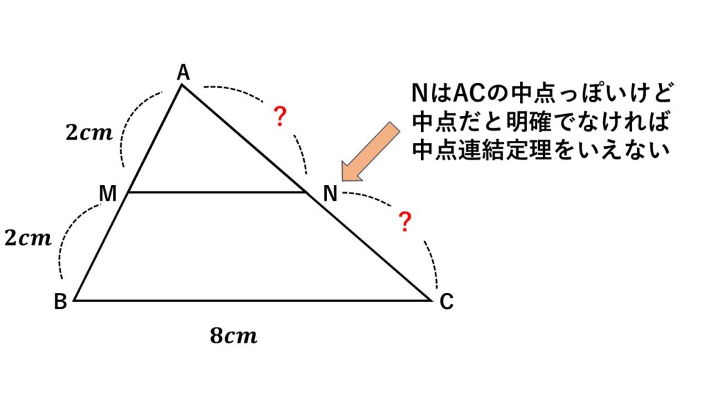 中点連結定理を使えそうで使えないパターンの図
中点と中点を結んでいることがはっきりしないと中点連結定理を使えない